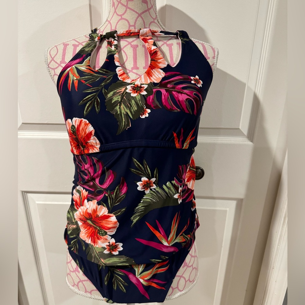NWT Kona Sol Keyhole Braided Strap One Piece Navy Blue Tropical Swimsuit sz 16W